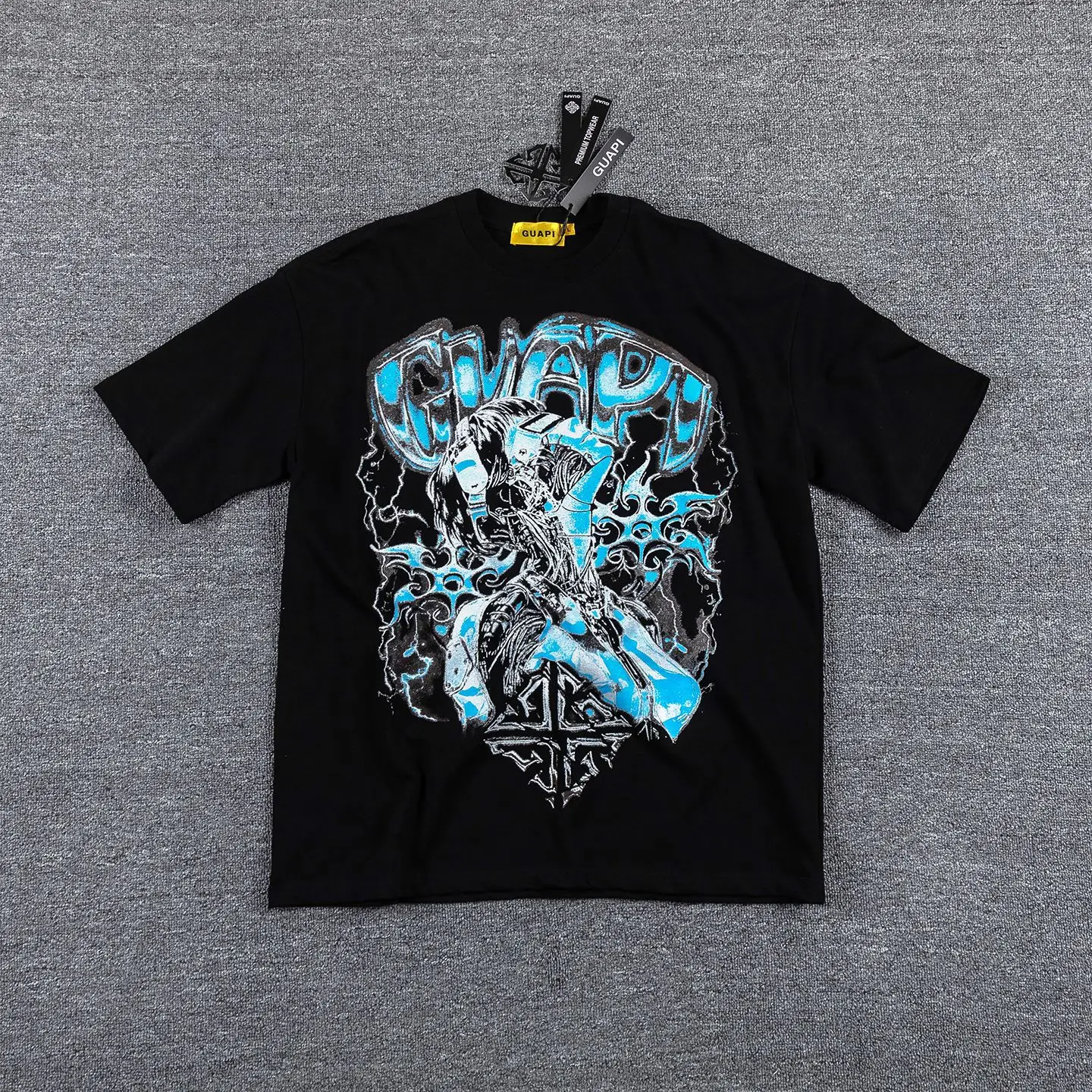 Guapi Retro Cyber Mechanical Face Short Sleeve Bluegrass Gothic Back Print T-Shirt For Men and Women