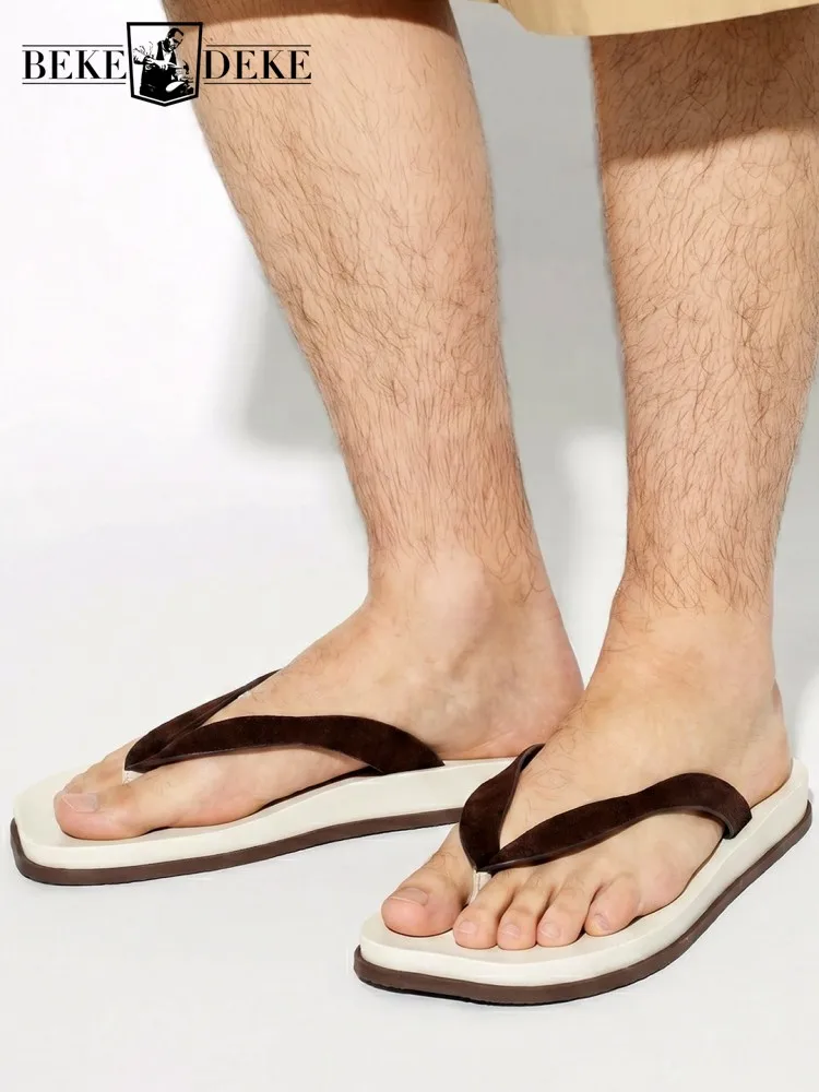 Summer Mens Genuine Leather Slippers Outside Causal Flip Flops Breathable Non Slip Beach Shoes Fashion Men Clip Toe Flat Slides