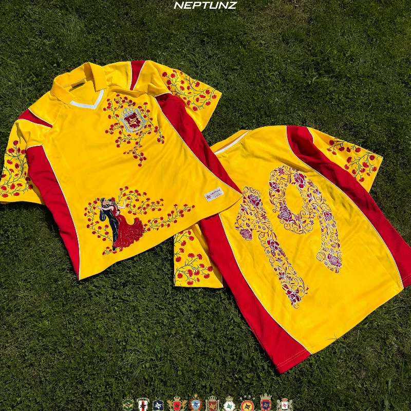 Y2K National Series Jersey Blossoms Embroidery Color Block Unisex T Shirt Retro Casual Summer Streetwear Boxy Football Jersey