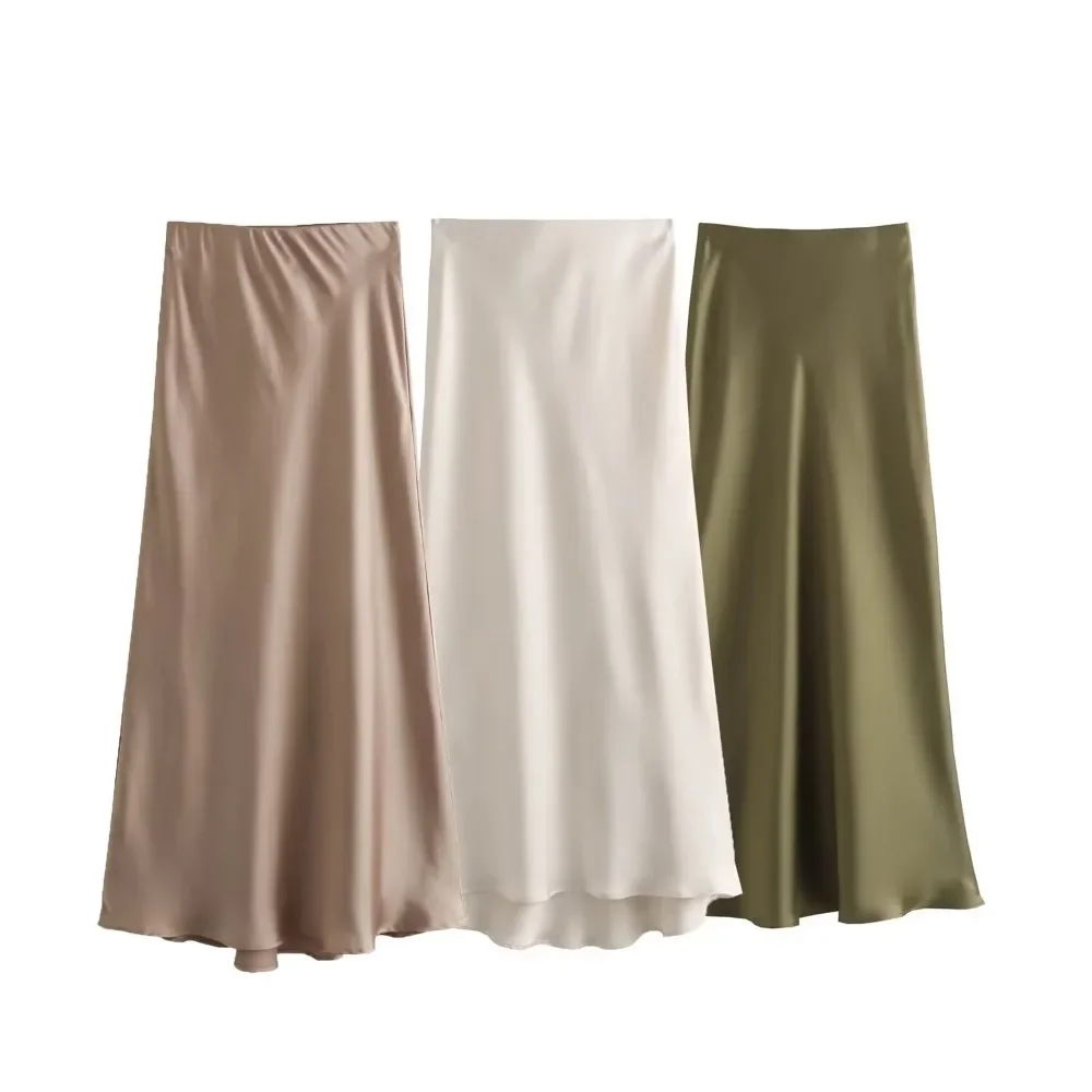 

2025 Spring New Casual Women Long Skirt Elastic High Waisted A-Line Casual Female Satin Skirts High Street Lady Skirts