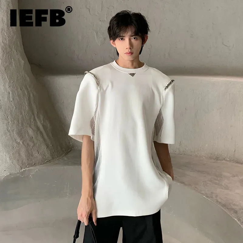 IEFB Man\'s Short Sleeved T-shirt 2024 Summer New Loose Casual Fashion Trend Shoulder-padded Metal Embellished Male Top 9C5569