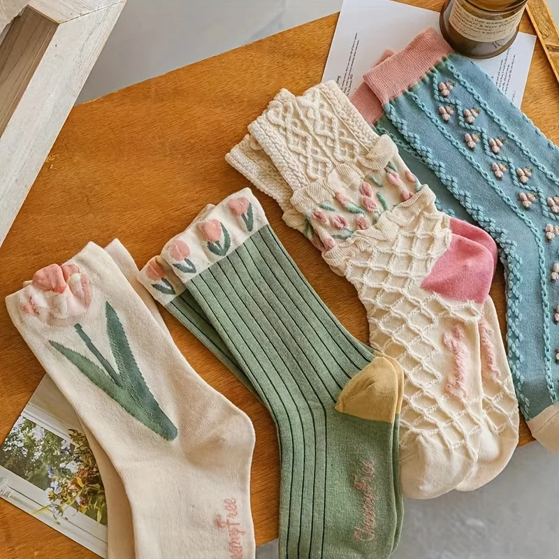 Medias de tulipán transpirables y acogedoras para niñas, calcetines bonitos para el día, primavera y otoño, 4 pares