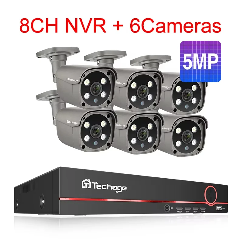 Techage 8CH 5MP 8MP POE Beveiligingsbewakingssysteem 4K HD POE IP Kit Tweeweg Audio Gezichtsdetectie Metal Bullet H.265 Outdoor Video