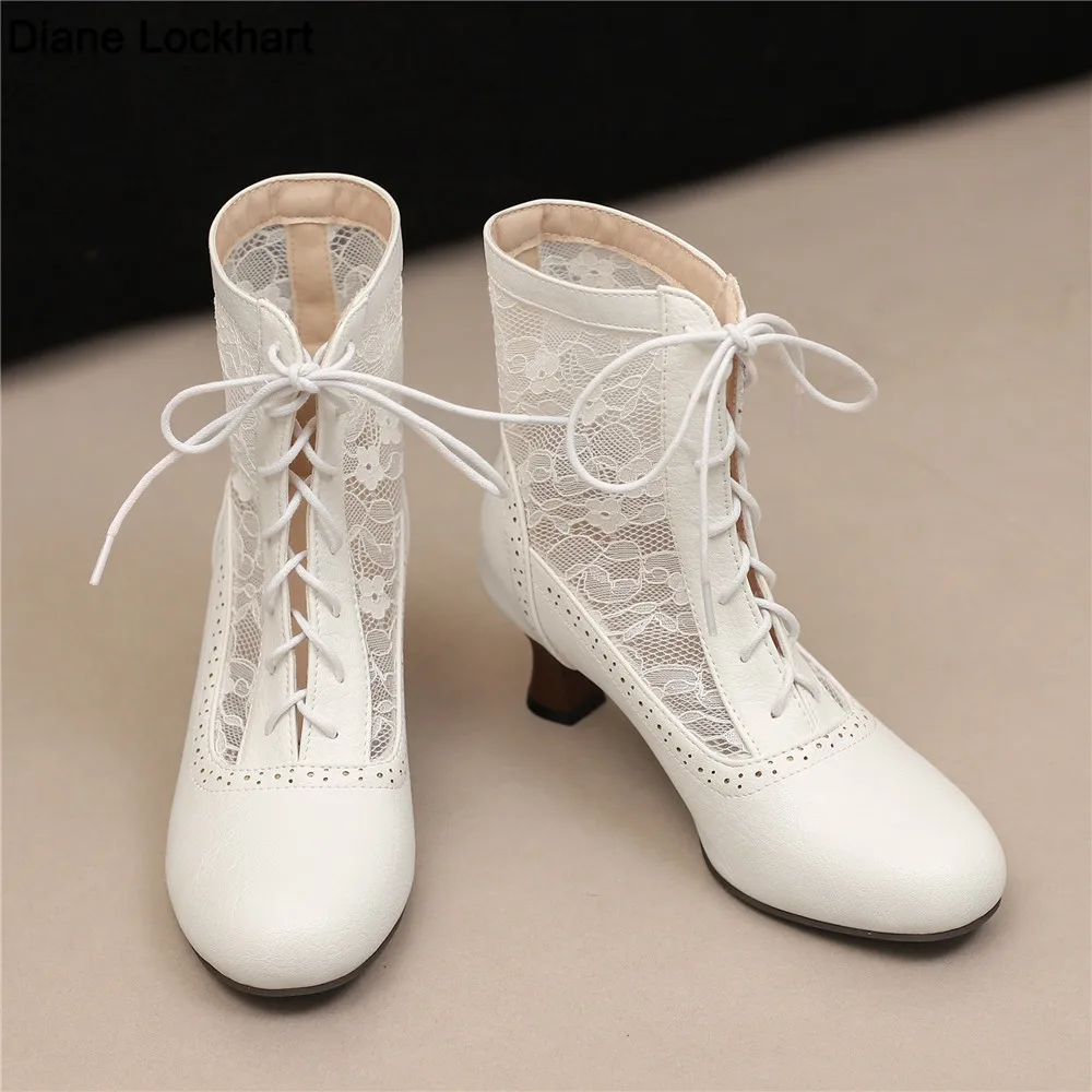 

2025 New Lace Up Victorian Ladies High Heel Shoes Strange Steampunk Boot Hollow Mesh Ankle Boots Women Thick Soled Short Boots