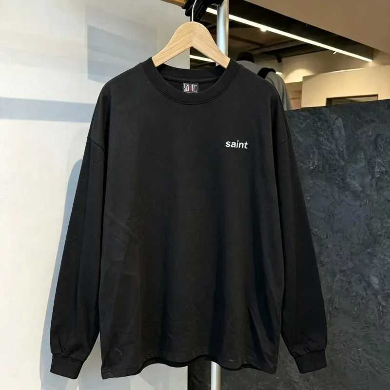 Black Men Women Breathable Saint Long Sleeve Tshirts Embroidery Letter Small Label Round Neck Sweatshirts Casual Streetwear