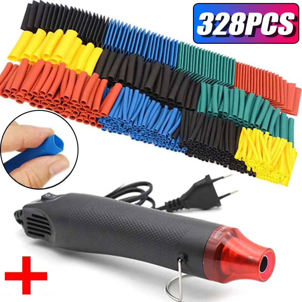 

127/328pcs Heat Shrink Tube 2:1 Shrinkable Wire Shrinking Wrap Tubing Wire Connect Cover Protection with 300W Hot Air Gun