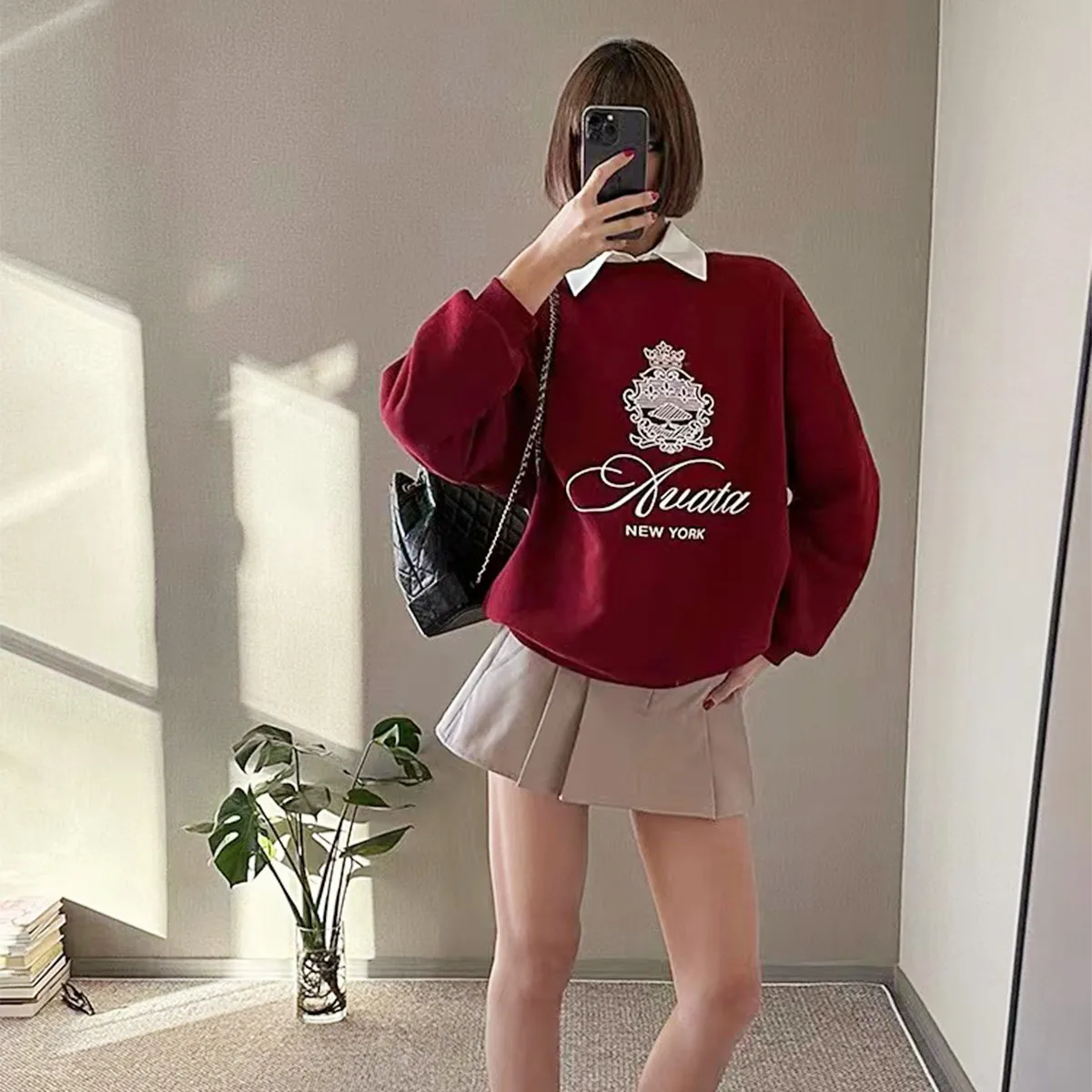 Autumn New New York Vintage Style Printing Wine Red Cotton Loose Sweatshirts Women Long Sleeve Cotton Street Fashion Jumper