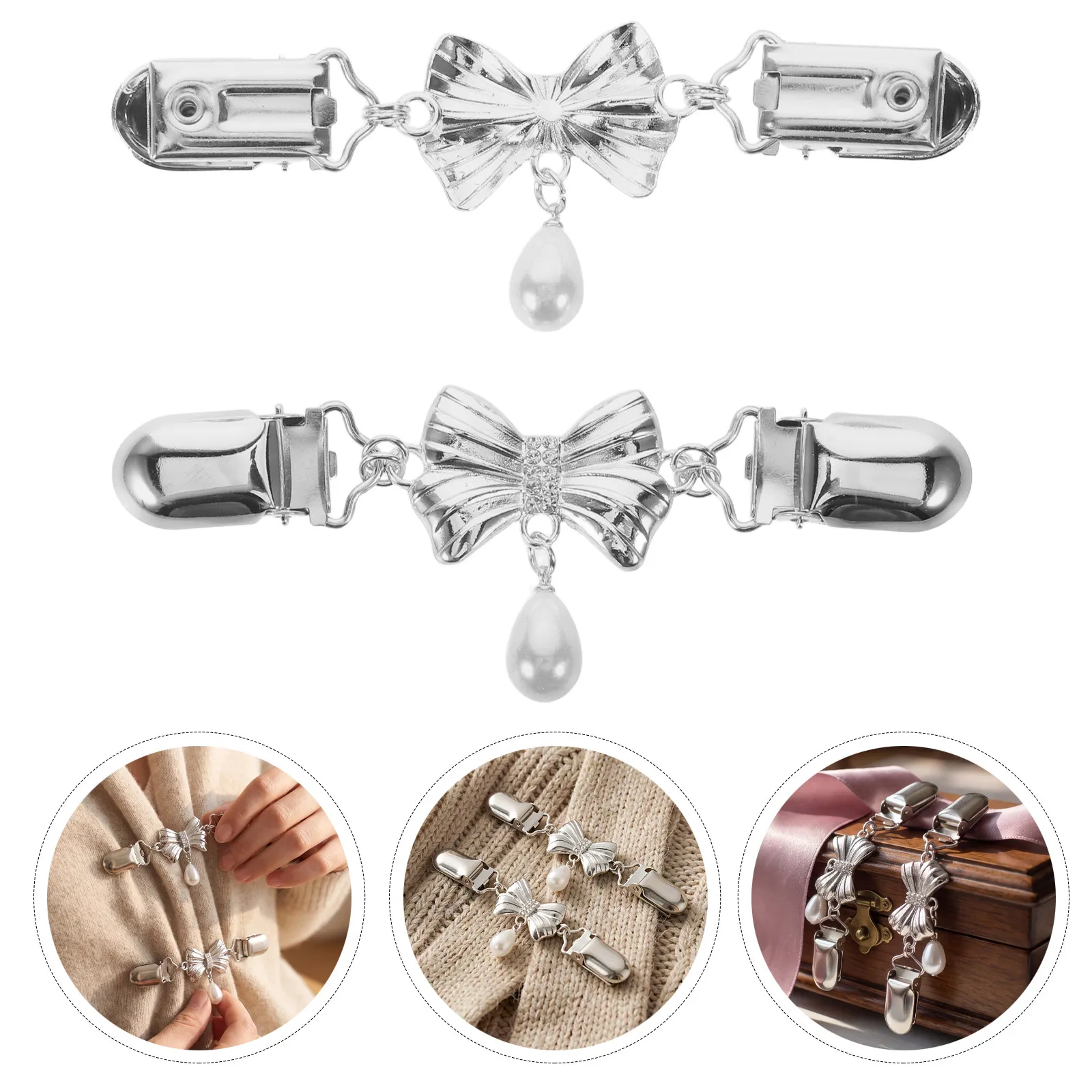 2Pcs Vintage Pearl Rhinestone Cardigan Clip Retro Bow Shawl Clasp Sweater Closure Jewelry Sweater Chain Fasteners