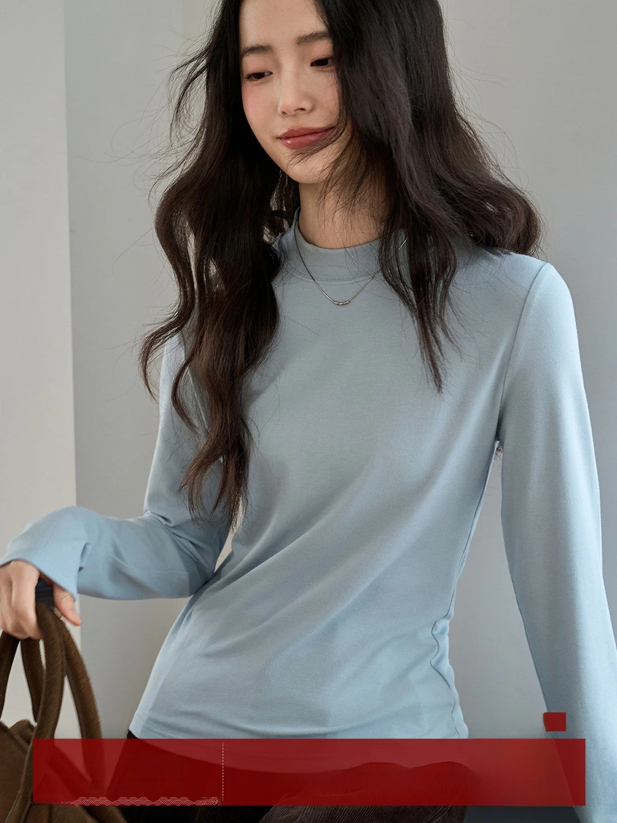 

Slim Fit round Neck Long Sleeve T-Shirt Women's Inner Wear Blue Simple Style Spring New Arrival Base Shirt Top by MoZao