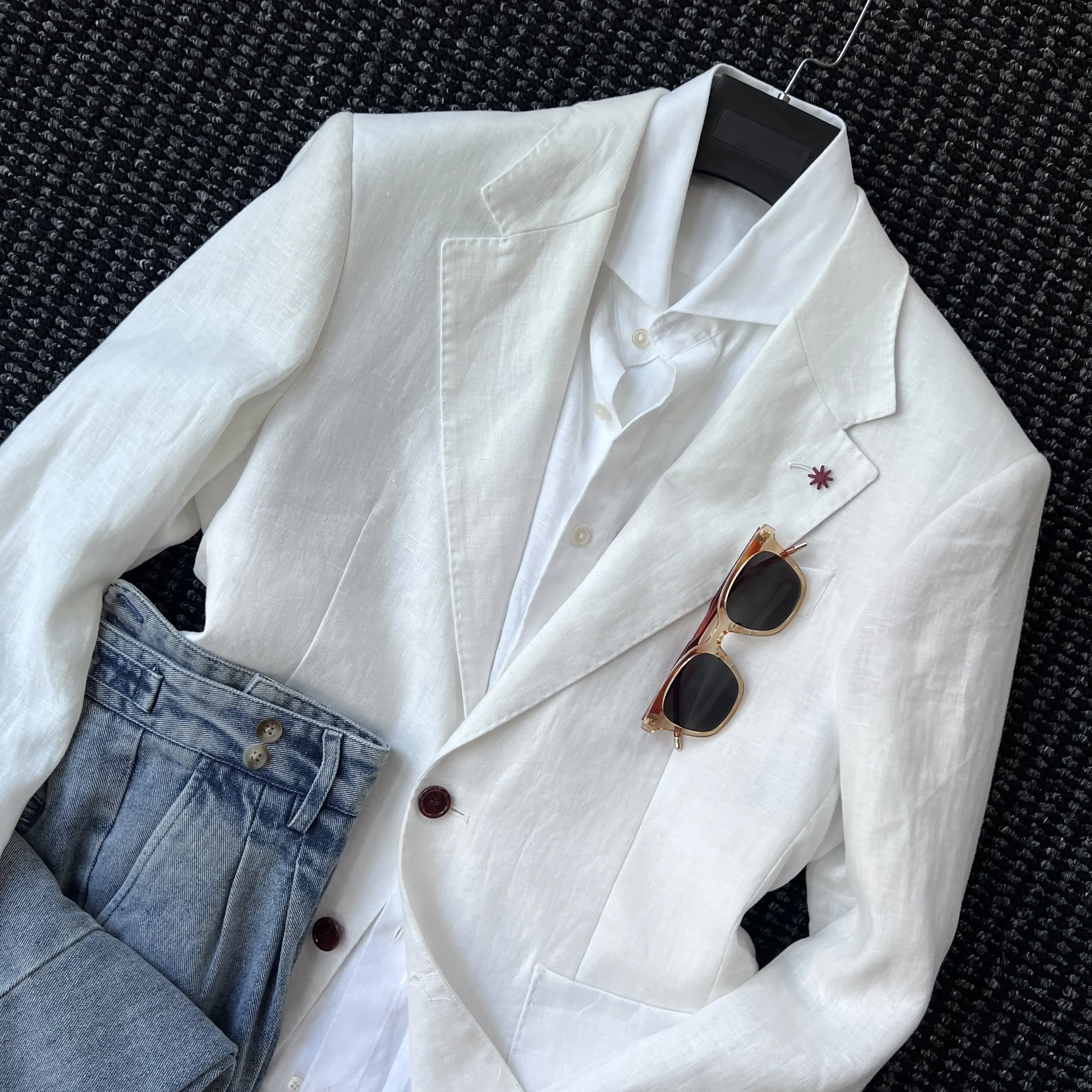 

Japanese 100% linen unstructured suit men's Naples haute couture gentleman white high luxury suit