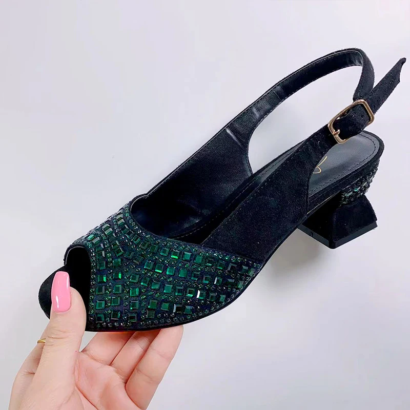 Zapatos de boda Multicolor para mujer, tacones altos gruesos de cristal, zapatos de vestir de fiesta, nigerianos, 2023