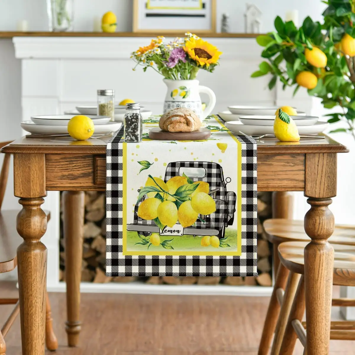 Watercolor Buffalo Plaid Truck Lemon Linen Table Runner Party Decoration Summer Kitchen Dining Table Runner for Home Party Decor