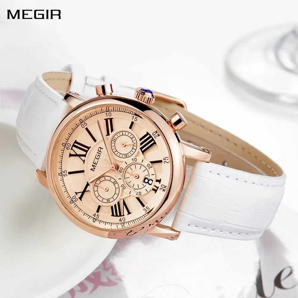 

MEGIR Top Brand Quartz Watch for Women Leather Strap Ladies Casual Sport Wristwatch Waterproof Watches Clock 2058 Reloj Mujer