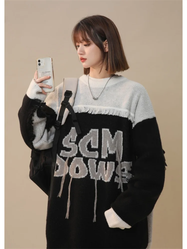 

American Retro Color Blo round Ne Knitwear Autumn Winter Sle Couple's Lazy Tassel Sweater Comfortable Loose Fit Long Sl...
