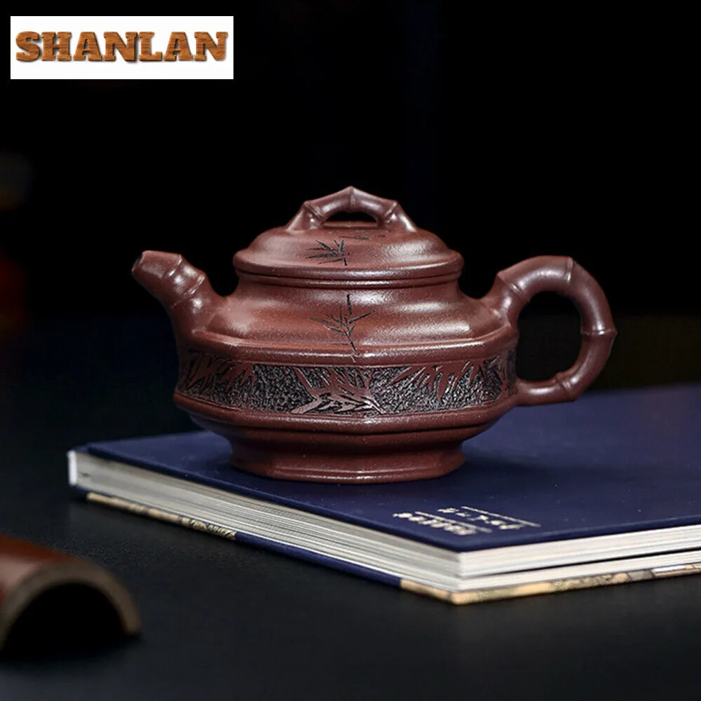 

300ML Elegant Yixing Purple Clay Teapots Handmade Bamboo Leaf Pot Raw Ore Purple Mud Tea Soaking Kettle with Filter Zisha Teaset