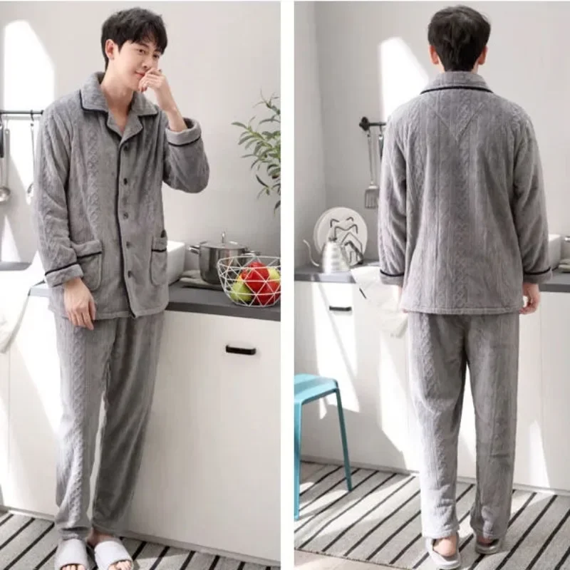 2024 New Pajamas Men Autumn Winter Loungewear Coral Velvet Thickening and Plushing Sleepwear Warm Flannel V-neck Homewear Suit