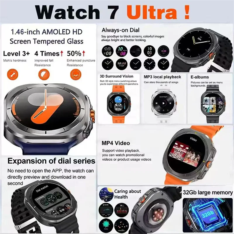 DT Watch 7 Ultra 32GB Memory Local Music Bluetooth Call Compass 3D Menu Bluetooth Smart Watch For Samsung for Men Women 2025 NEW