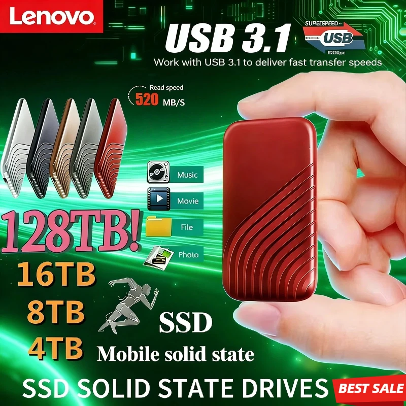 

Портативный SSD-накопитель Lenovo 2 ТБ/4 ТБ, внешний твердотельный накопитель, оригинальный USB 3.1 Type-C, высокоскоростная передача данных для ноутбуков, Mac, ПК, телефонов, PS4