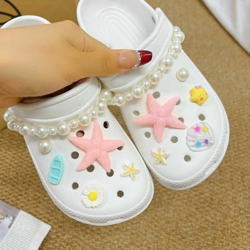 Marine Starfish Shell Pearls Chain DIY Shoe Charms For Clogs Bubble Slides Sandals Removable Shoe Decorations Accessories Gifts