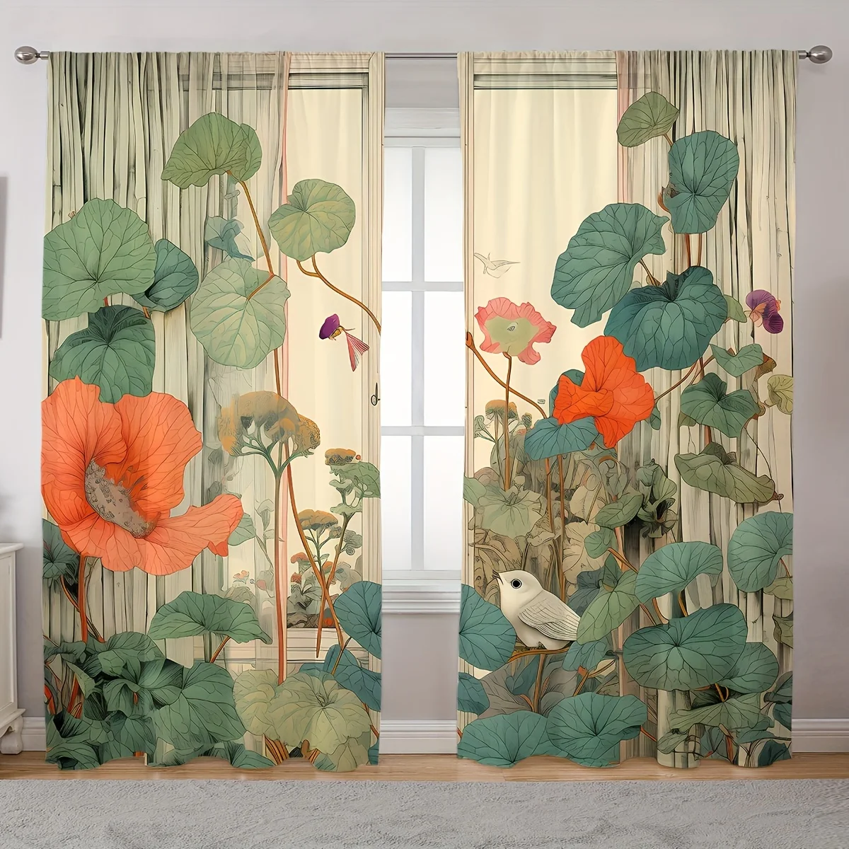 2pcs Artistic Floral Print Curtains, Pole Pocket Style, Polyester Fabric with Vibrant Botanical Design, Semi-Transparent for Liv