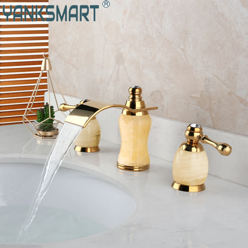 YANKSMART Wash Basin Faucet Jade Brass Double Handle Faucet Deck Mounted Spray Sink Water Mixer Tap Tall Set Gold Golden Ceramic