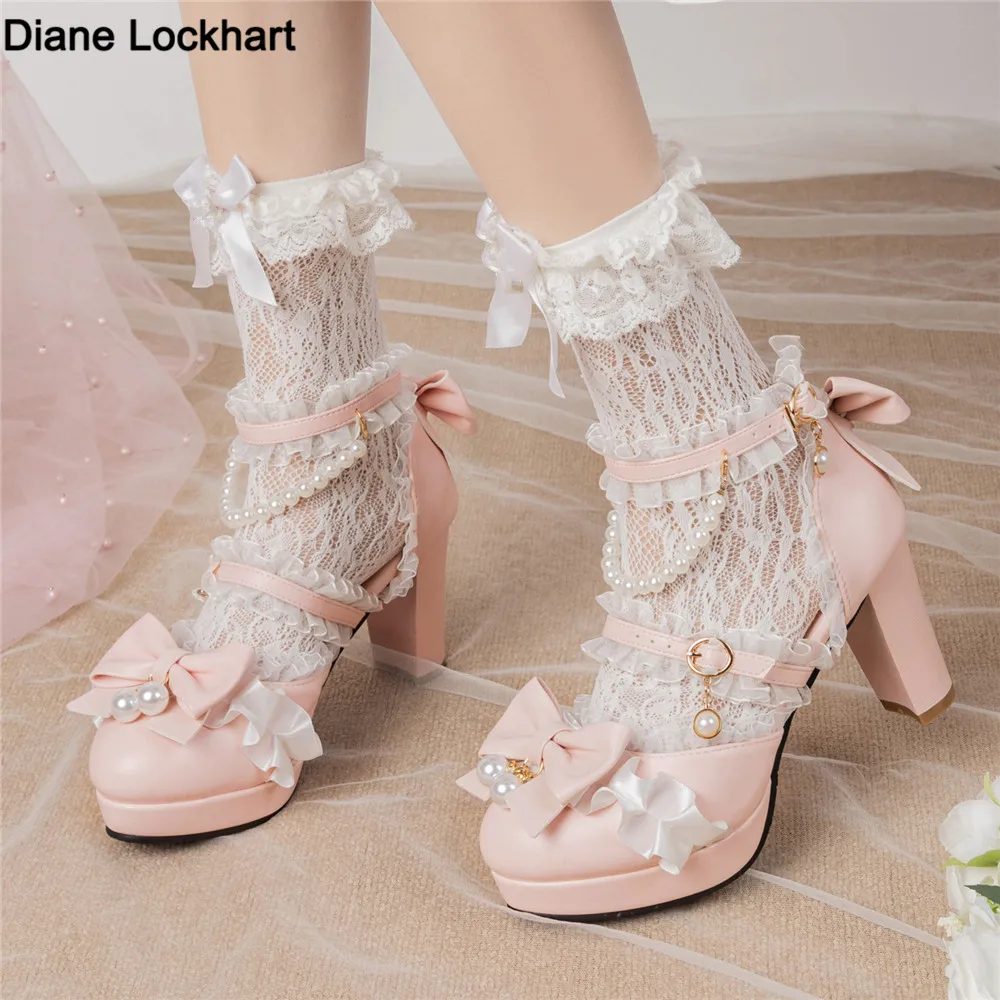 

Женские туфли-лодочки Мэри Джейн на высоком каблуке с бусинами и кружевным ремешком, вечерние свадебные туфли для косплея с бантом, туфли принцессы для косплея Лолиты, розовые, синие, белые