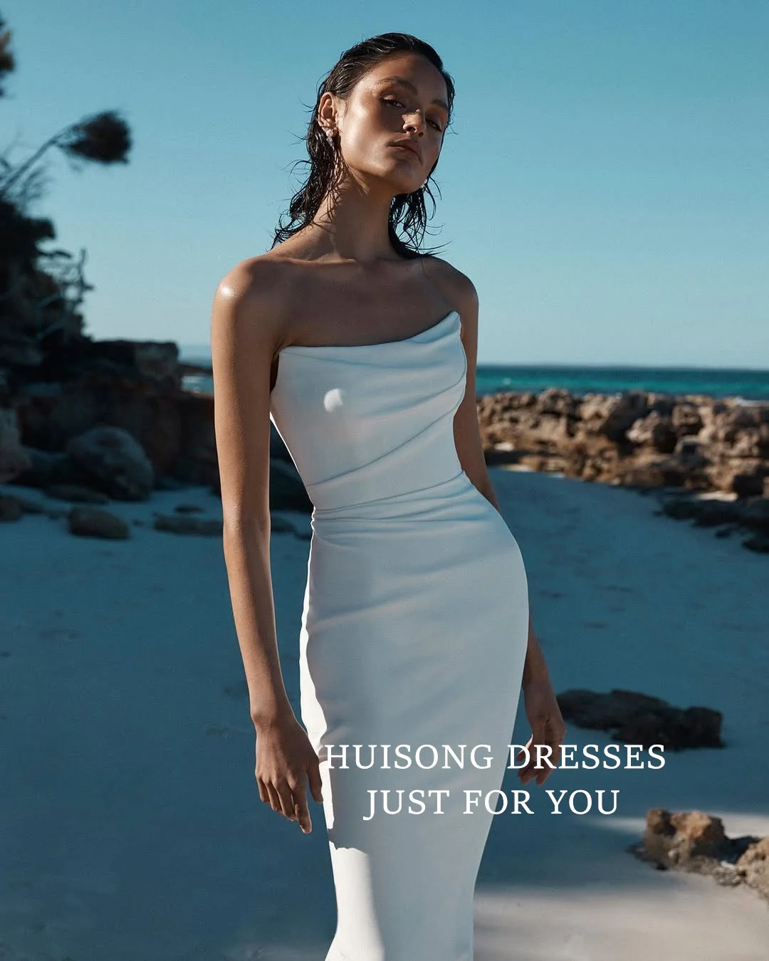 HUISONG-vestidos de novia de sirena de satén personalizados, vestido de novia de playa sin tirantes, vestidos de novia