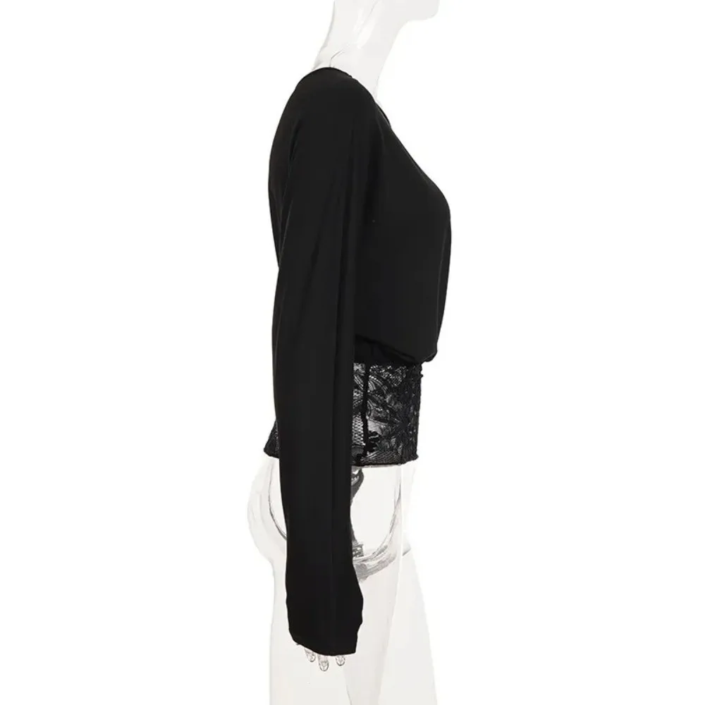 Off-Shoulder Lace Patchwork Top Waist-Defining Lace-Trimmed See Through Top See Through Fabric Long Sleeve Women Tops
