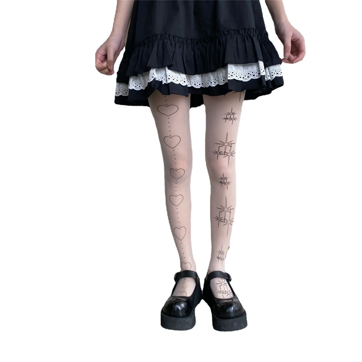 Harajuku Graffiti  Star Love Lolita Pantyhose Women\'s Beauty Skin Long Socks Tattoo Printing White Silk Sexy Stockings
