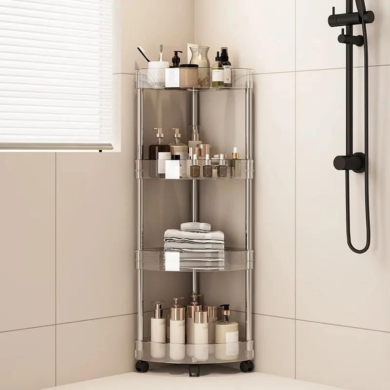 Fashion Rack Multi-Layer Transparent Bathroom Shelf Washbasin Storage Trolley Easy-Move Corner Space-Saving Toilet Rack