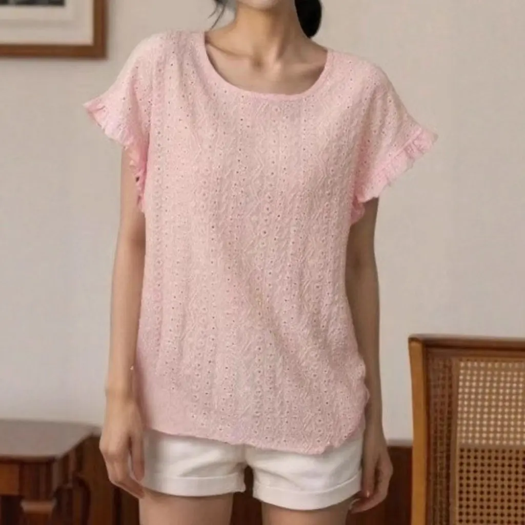 

Women's Sweet Pure Color Round Neck Short Sleeve T-shirt Hollow Out Design Spring Summer New Arrival Top
