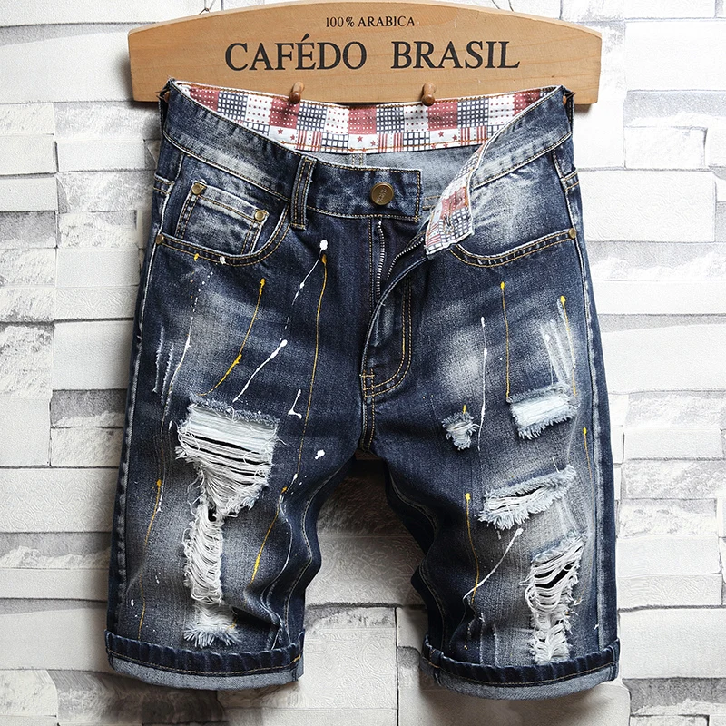 Blue Mens Ripped Short Jeans, Clothing Bermuda Cotton Shorts, Breathable Denim Shorts Male New Fashion Size 28-40