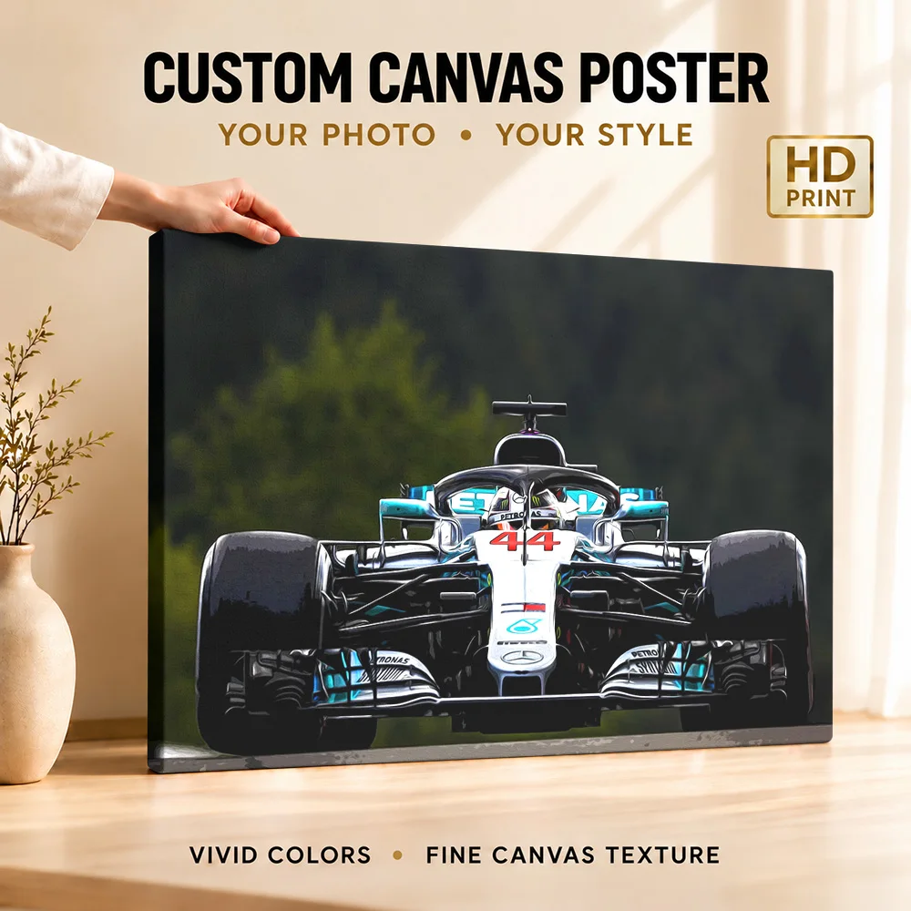 Lewis Hamilton Racing Front View Car Wood Framed Canvas Poster Customized Photo Circuit Action Perspective Wall Art For Garage