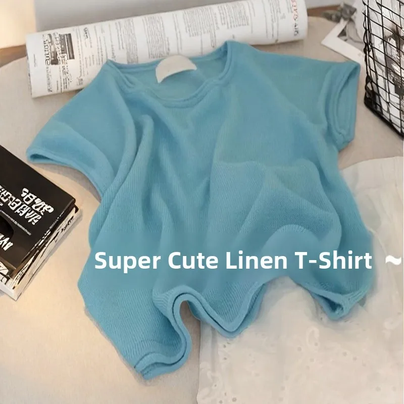 

Ice Silk T-Shirt Women Short Sleeve White Enhancing Lake Green Color Linen Texture Commute Style Korean Version plus Size