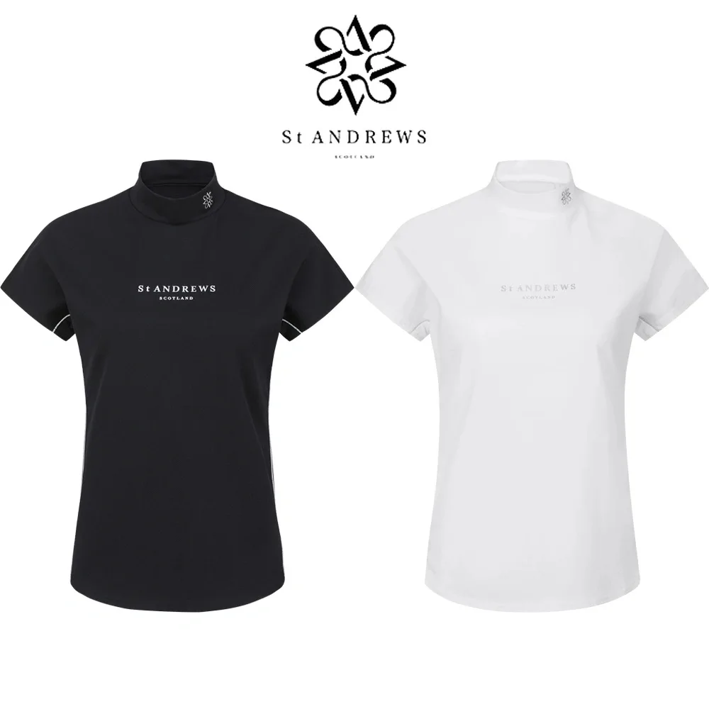 ST ANDREWS Golf Clothing Women's Sparkling Line Logo Cover Sleeve T-shirt Half High Neck Short Sleeve Slim Fit