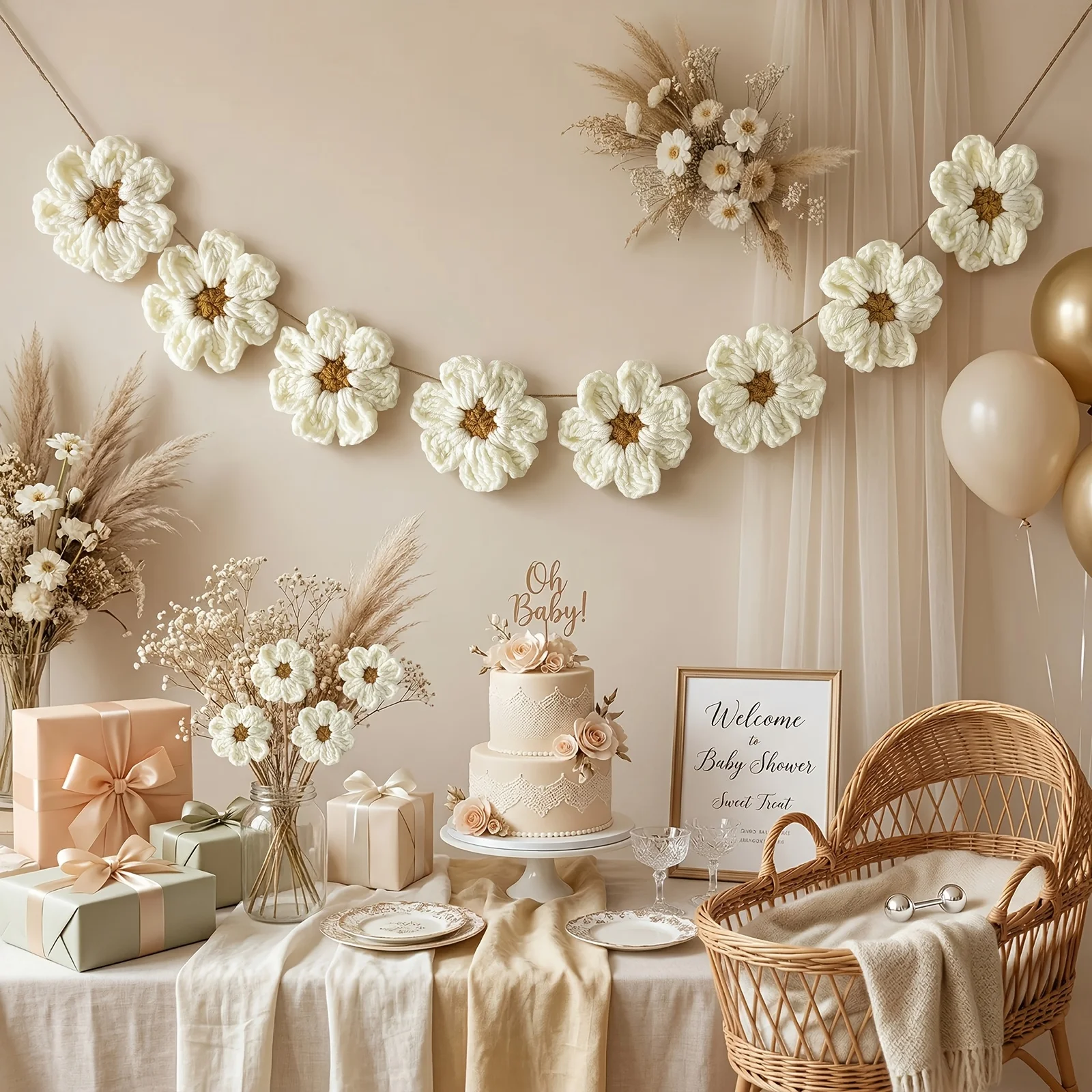 Handgefertigte Häkel-Gänseblümchen-Blumengirlande Boho Blumen-Wandbehang für Muttertag Wohnzimmer Schlafzimmer Deko 8 Blumen – Detail 4