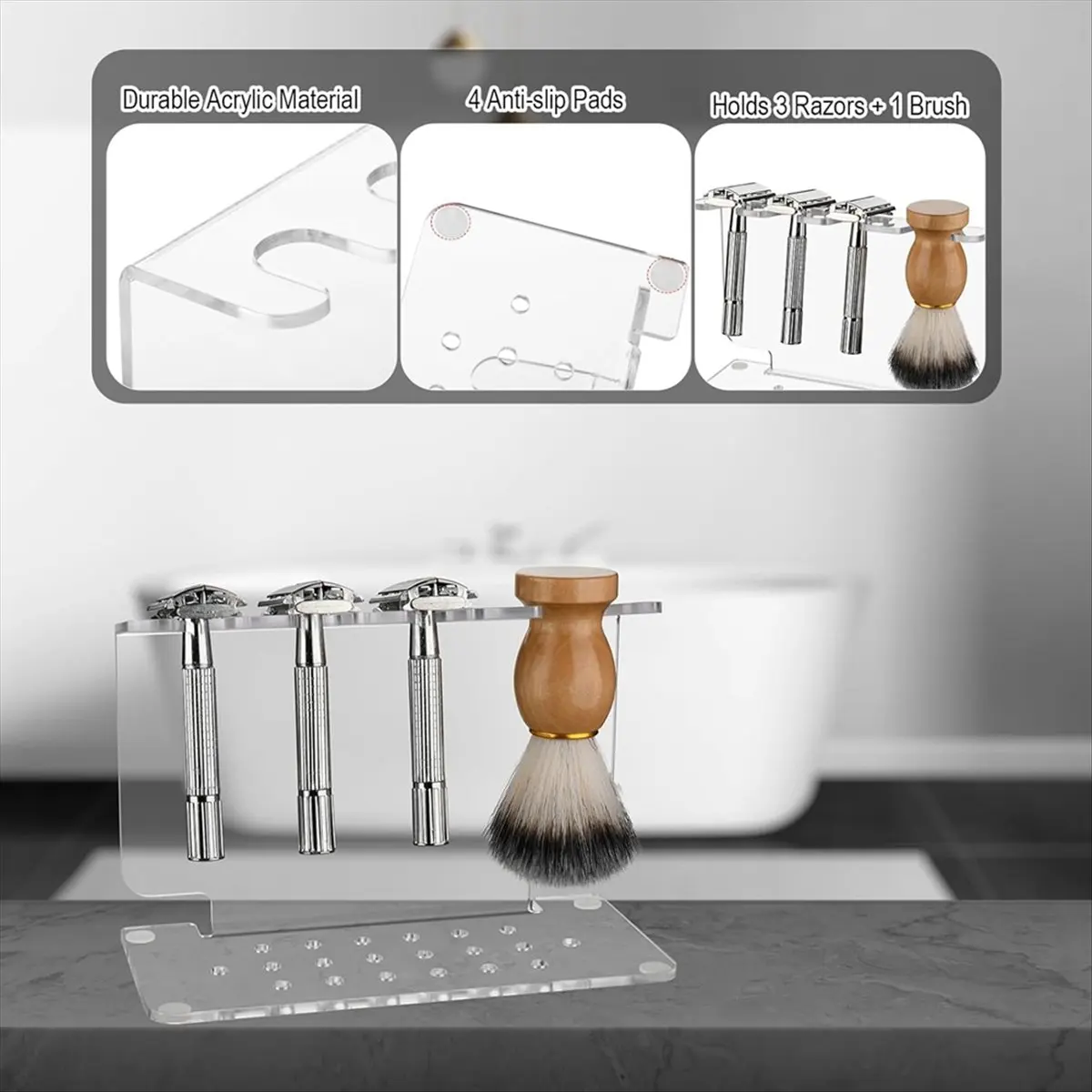 (A61K) Acrylic Razor and Brush Stand, Clear, Space-Saving Design, Compatible with Most Shaving Tools, Holds 3 Razors & 1 Brush