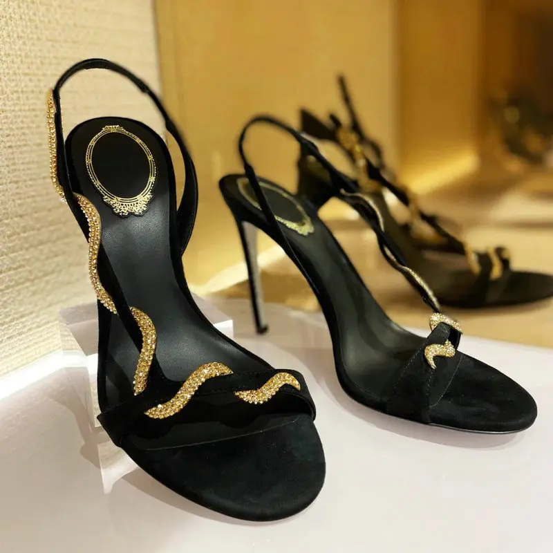 2025 nueva línea serpentina femenina con tacón fino sandalias francesas mujer verano taladro lateral vacío Sexy tacones altos con punta abierta