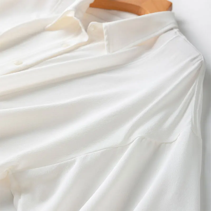 Women Silk Shirt 100% Mulberry Crepe Silk Solid White Lantern Sleeve Bow-tie Bottom Loose Type Top Blouse Office Lady Work MM898