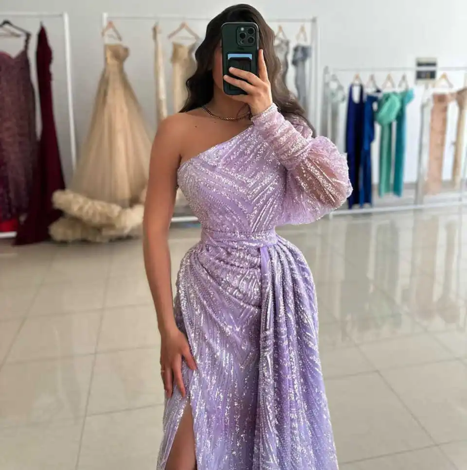 فستان سهرة حورية البحر أنيق مع كتف واحد للحفلات فستان دانتيل ترتر فيستدو دي نوفيا للمناسبات الخاصة حسب الطلب