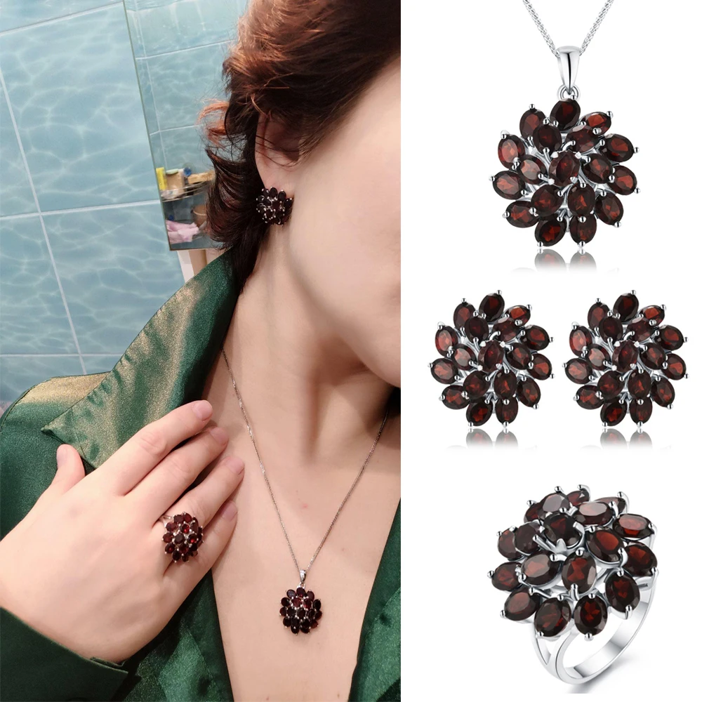 TBJ,natural mozambique garnet gemstone jewelry set 925 sterling silver nice flower design pendant earring and ring for women