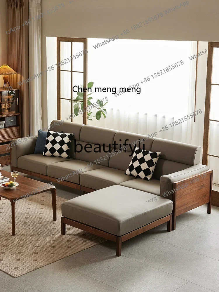 M178 North American black walnut sofa Nordic living room straight four-person solid wood leather sofa
