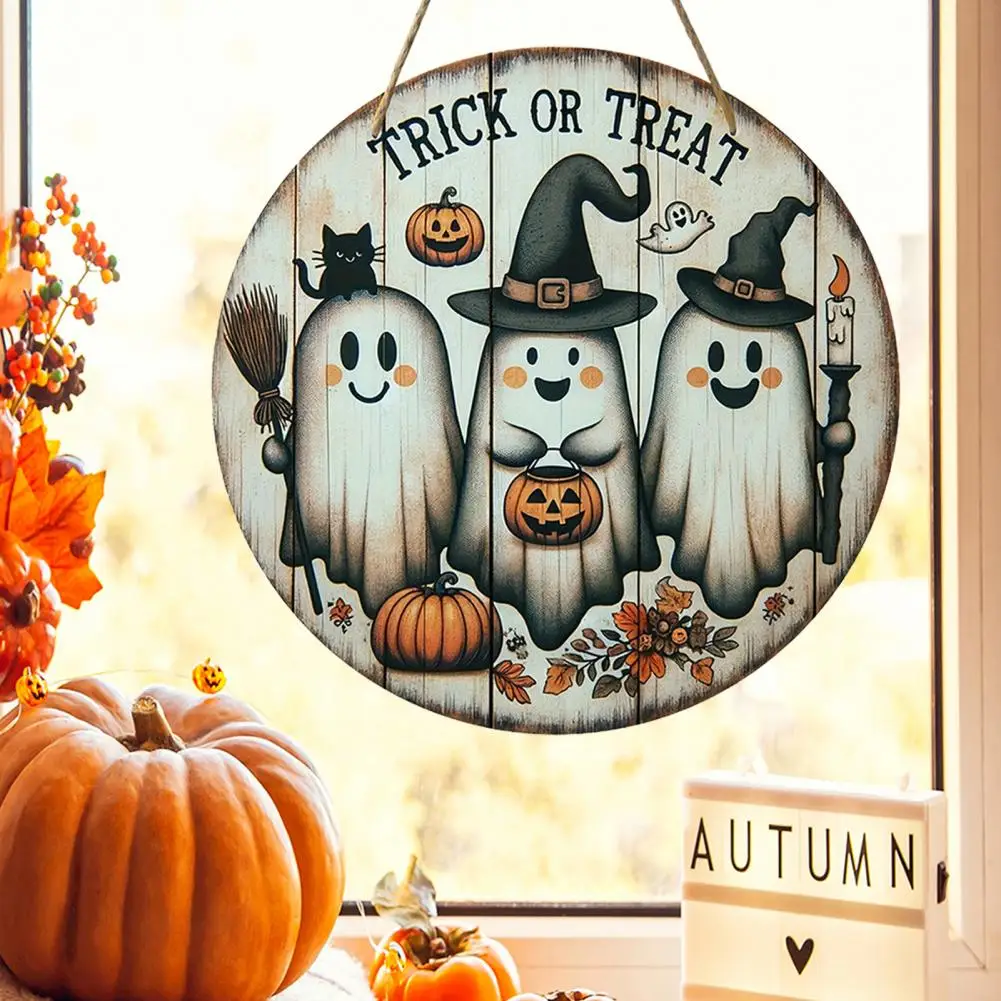 Home Decor Door Plate Spooky Halloween Wooden Door Sign with Ghost Pumpkin Witch Gnome Round Door Hanger for Front for Fall