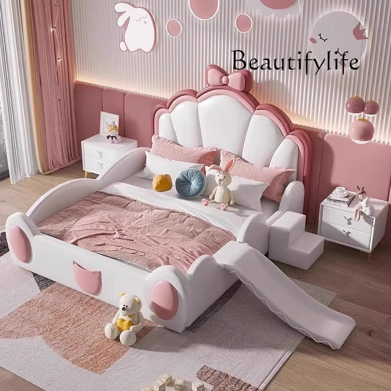 

yj19 Children's bed girl princess bed with guardrail slide solid wood single dream girl creative pink girl bed