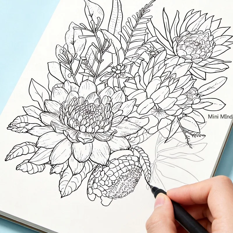 A Decompression Black and White Line Drawing Graffiti, Themes As Small Animals/flowers/mandalas/flowers and Birds, 24 Pages