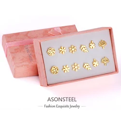 ASONSTEEL 6pairs/Box Stainless Steel Surgical Stud Earrings Set For Women Snowflake Piercing 2023 Korean Fashion Trending Ear