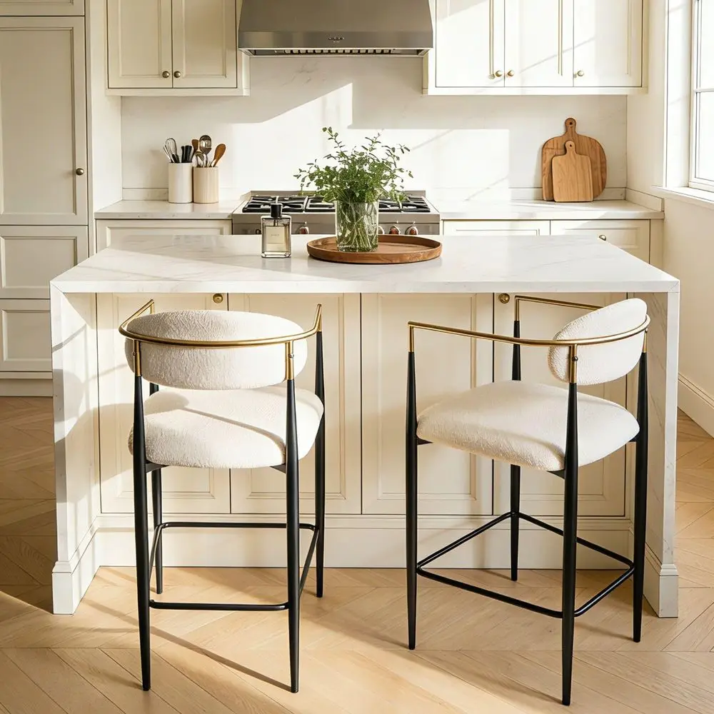 

Counter Height Bar Stools, 25 Upholstered Boucle Counter Stools with Arms, Mid Century Island Chairs with Back and Metal Legs f