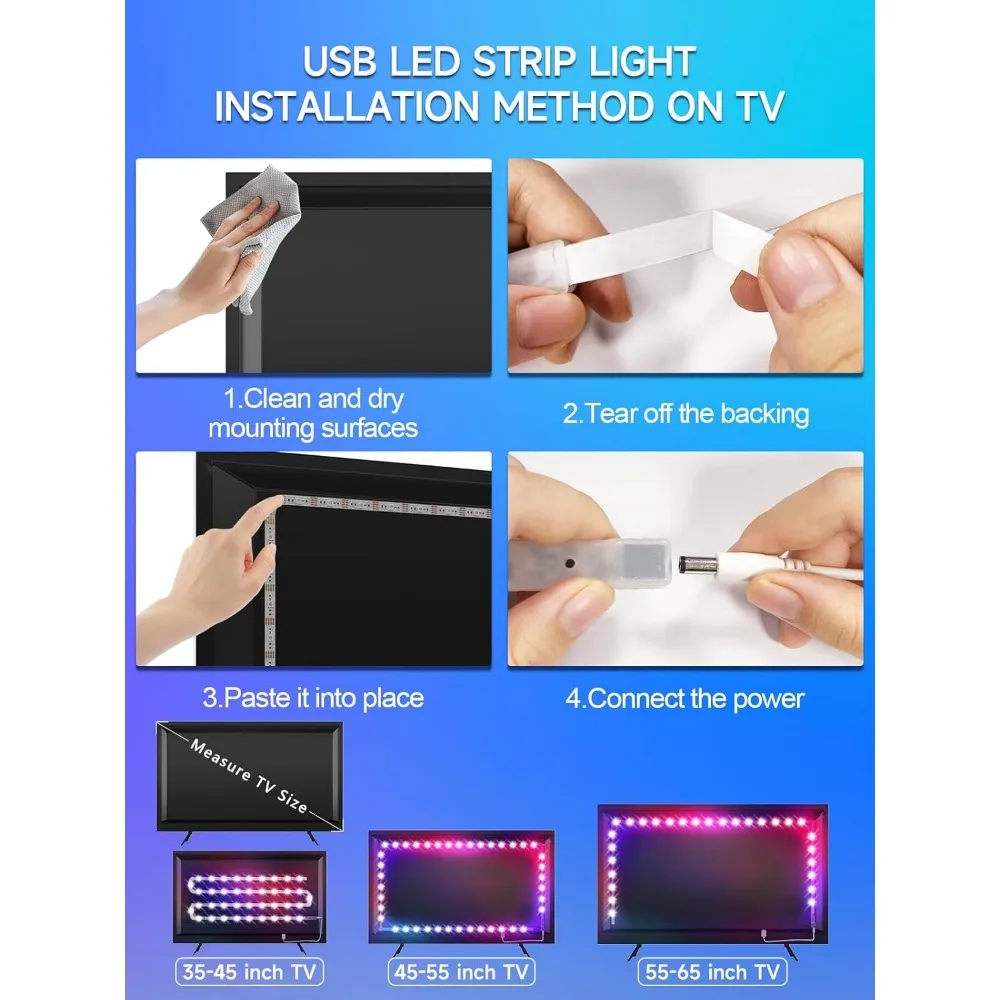 Luces LED para TV, luces LED de 9,8 pies para TV de 35-55 pulgadas detrás de la iluminación, retroiluminación de TV que cambia de color RGB con aplicación y control remoto, Mu