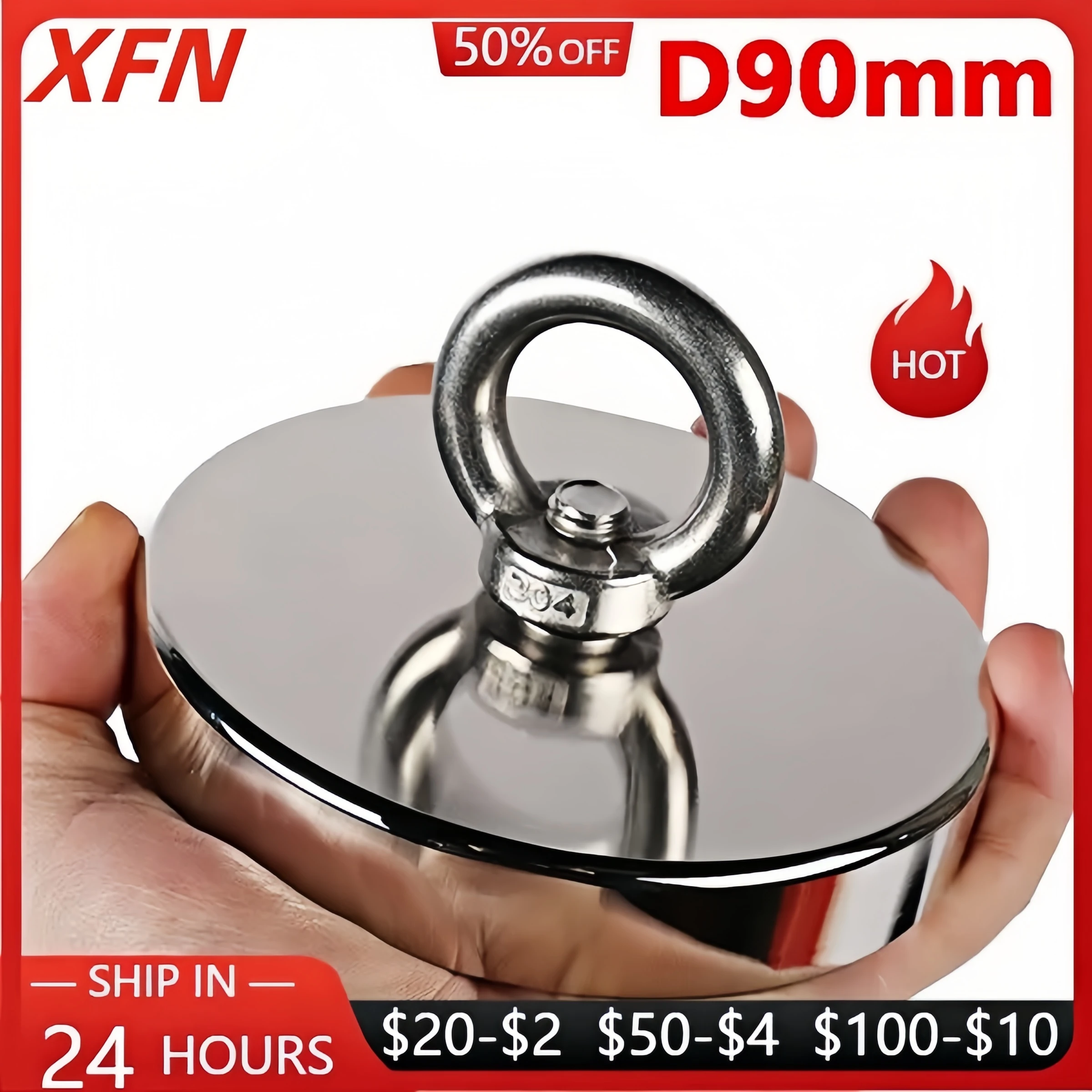 XFN Super Strong Fishing Magnet Heavy Duty Powerful Neodymium Magnet N52 with Countersunk Hole Eyebolt for Salvage Magnetic Pot