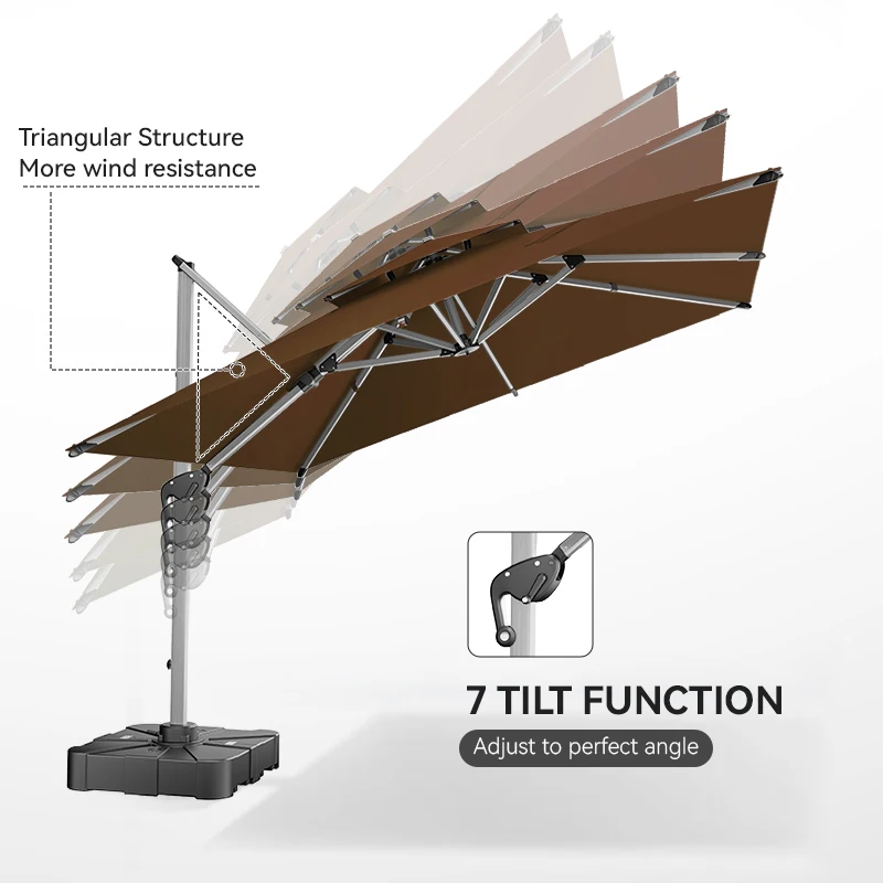 3X3M Brown Patio Umbrella Outdoor Rectangle Umbrella Large Cantilever Umbrella Windproof Offset Heavy Duty Sun For Garden